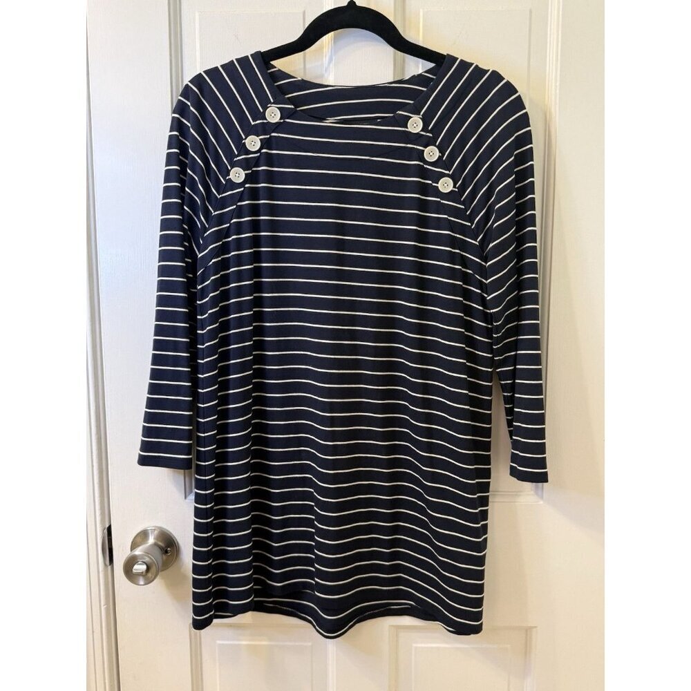 J JILL WEAREVER COLLECTION Buttoned Shoulder Tunic Navy Cream Stripe S EUC